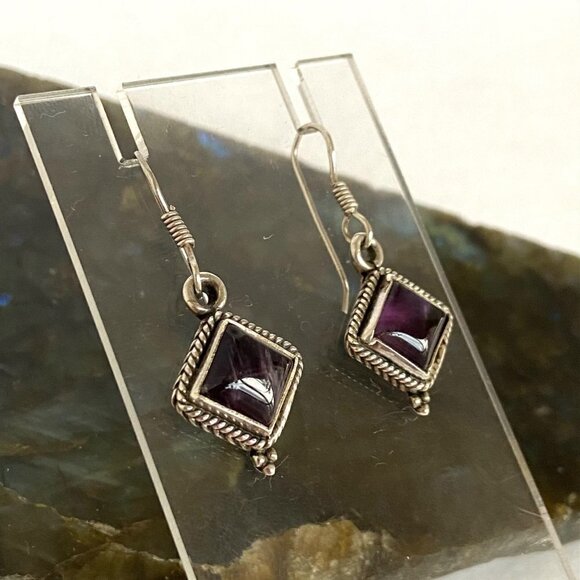 Sterling Silver 925 Bezel Set Diamond Shaped Amethyst Cabochon Dangle Earrings - Picture 16 of 16